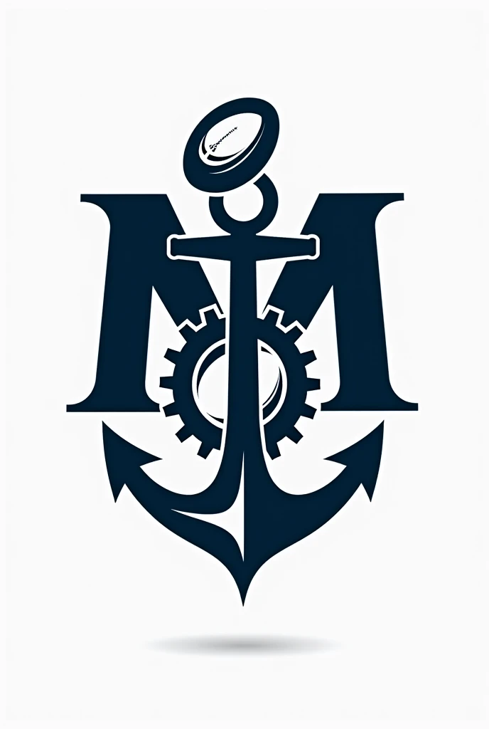 Create a logo for a rugby club featuring the letters "MMTC". The design should primarily use navy blue, black, and white colors. Incorporate elements such as gears, an anchor, and a rugby ball. The overall look should be bold and aggressive yet minimalisti...