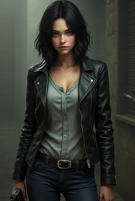 Resident Evil 4 Remake, Light skinned girl with a slight tan, black semi wavy hair, hazel eyes, dressed in a light grey blouse, a black leather jacket, jeans azul marino, carries a handgun. 