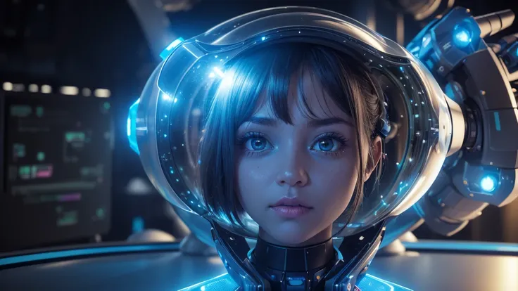 (3D, ultra-detailed, UHD, high-quality,1 girl, age 21, closeup, upper body, futuristic lab, holographic screens, robotic arms), a girl stands close to the camera, interacting with a glowing holographic interface. The lab is filled with futuristic tech and ...