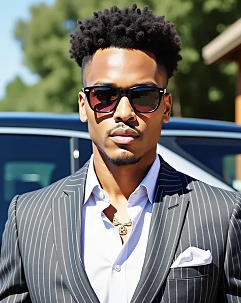 A man dressing a black suit, afro hair, low fade hair cut, beautiful wood in the background 