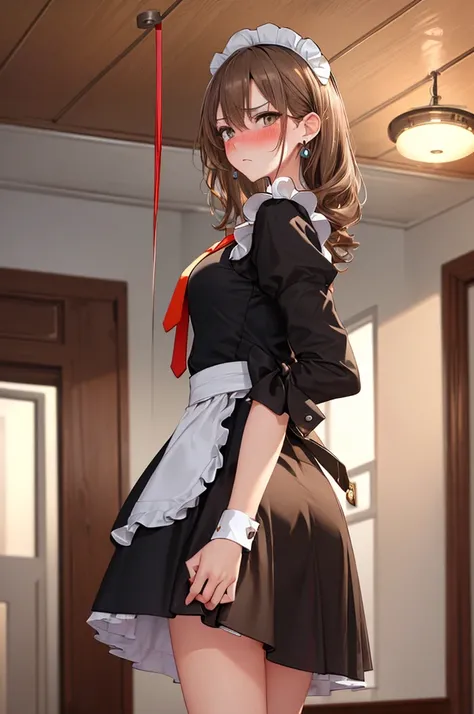 nsfw, (8k、Best image quality、Best Quality、masterpiece)、Detailed face、Detailed Background, Improve、A beautiful 3 woman, (Light Brown Hair:1.3), Wavy long hair, blunt bang, Big Ass, (Maid Costume:1.35), (mini skirt:1.3), Gold Necklace, Earrings, (A tense loo...