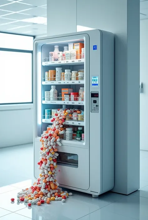 modern medicine vending machine with medicines falling out, medicines of all kinds 
