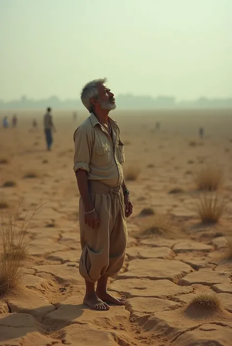 **Dry, barren field**: A close-up of a dry, cracked field after a drought, with Raghunath standing in despair, looking at the sky for rain.