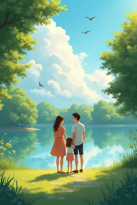 A  girl with her  brother and her mother are on holiday in a park enjoying the beautiful view of the lake with its clear water and birds flying above the clouds surrounded by large green trees near the lake, close to their mother, creating a romantic momen...