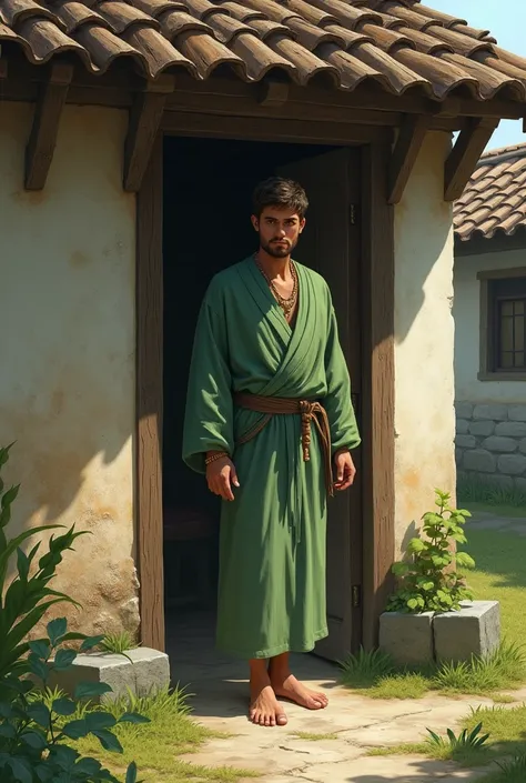 The younger man coming out of his home which is in village,he is in a green robe,as evidenced by his simple attire and the string of beads visible around his wrist.