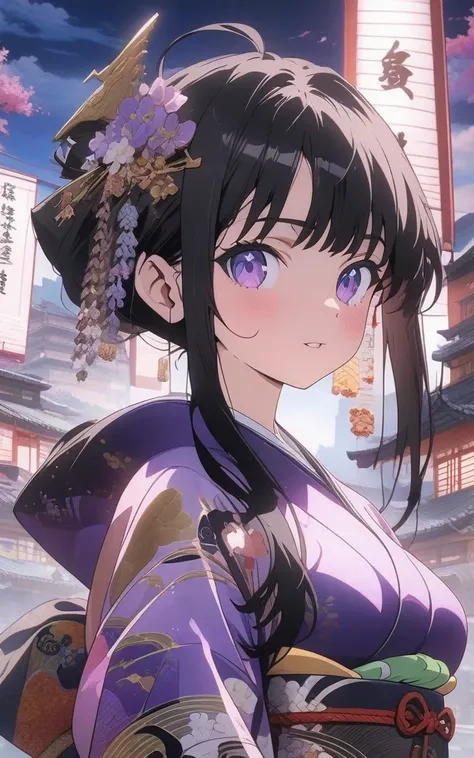 "1girl, original character, (masterpiece:1.2), (best quality:1.2), (highly detailed:1.1),
ninja, cute face, black hair, purple eyes, cybernetic armor,
holding ornate Japanese fan in front of face,
colorful futuristic Japanese buildings, ancient Japanese wr...