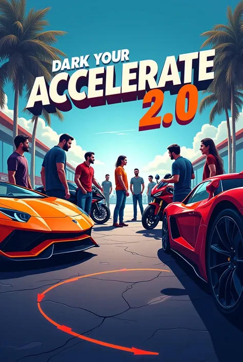 Make a coming  poster looks like made by canva tool with cars and bikes, representing our event ACCELERATE 2.0..add a people with looks like its meetup..add cars and bikes in poster in equal amount