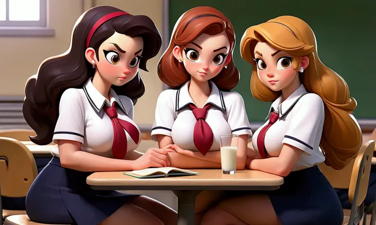 (extreme complexity, multiple subjects)A couple of sexy college girls (age 18, giga breasts, model face, big butt, hourglass figure, slutty sailor school uniforms), they are teasing caressing and pleasing their professor, their professor ((woman, age 40, s...