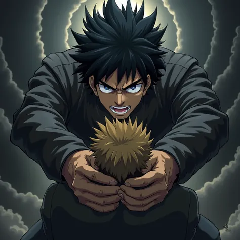 A handsome masculine man with black hair looks angry and protects a weak man with light brown hair behind him，Open your hands and try to block the man behind you，Fight against darkness Japanese anime style