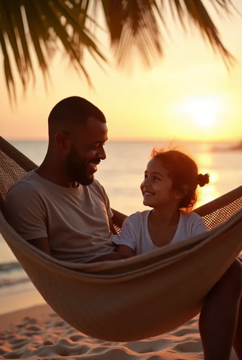 A black father and his half-Japanese daughter are playing together and smiling in a hammock on the beach at sunset。