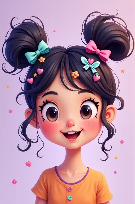  A cute cartoon girl with a head full of clips and hair accessories with a pastel purple background