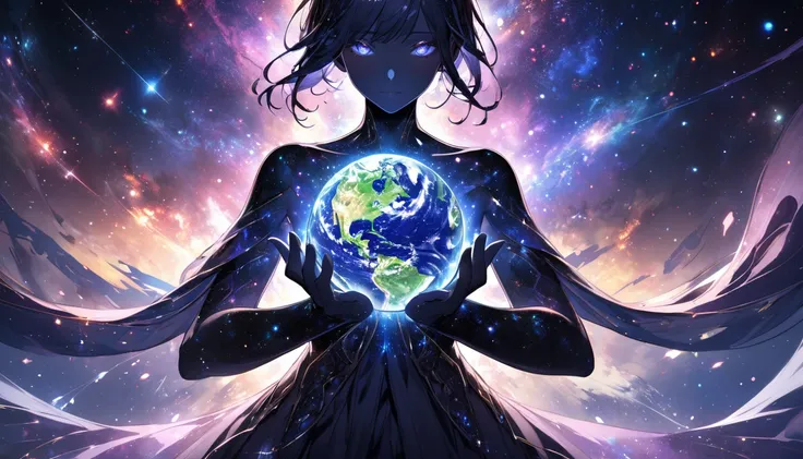 humanoid figure made of stars and galaxies with earth in her hands, stunning galaxy background,