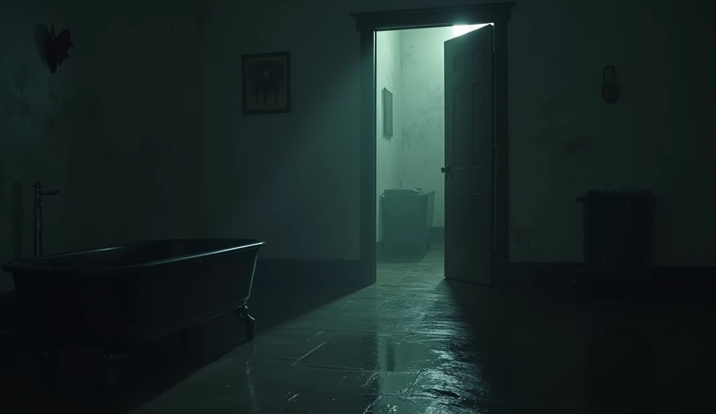 The room is now empty, except for the still water in the tub. The door slowly swings open, revealing the dark hallway once more. A faint shadow lingers on the wall, and as the camera pulls away, the faint sound of wailing can be heard, fading into the dist...