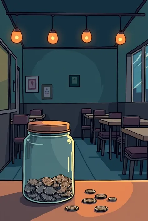 Non-realistic art style,simple fan comic style drawing,restaurant atmosphere,Focusing on a tip jar,Nobody present,Very few coins,set time night, fast food restaurant,view from the counter to the tables 