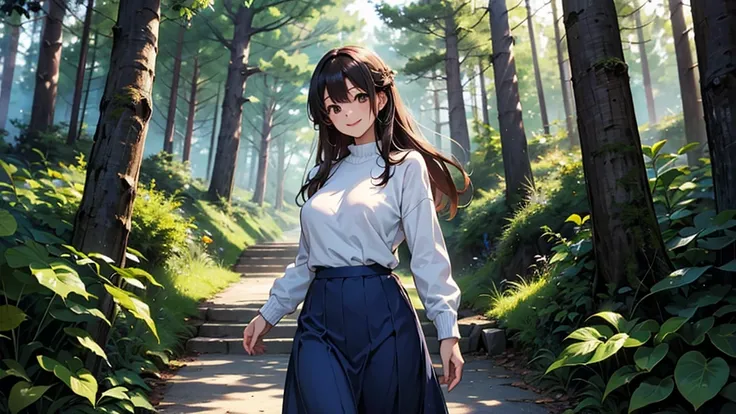 Best Quality、masterpiece、High resolution、teacher、Round Breasts、Alone、White sweater、Blue long skirt、Facing forward and smiling、Brown long hair、In the forest、There is a dog