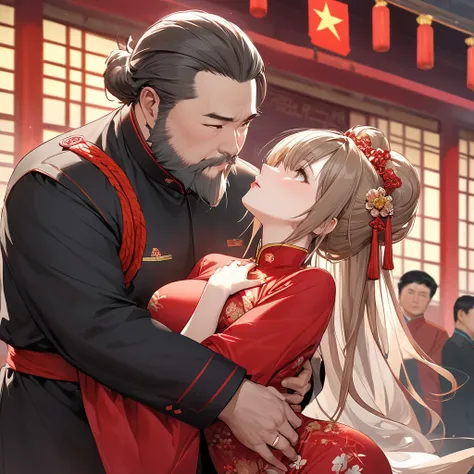 ((Best Quality)), ((masterpiece)), (detailed), （Perfect Face）、The woman is Yuuki Asuna, a beautiful Japanese woman with light brown hair, large breasts, beautiful proportions, and an engagement ring.、The woman is dressed in Chinese Communist Party clothing...