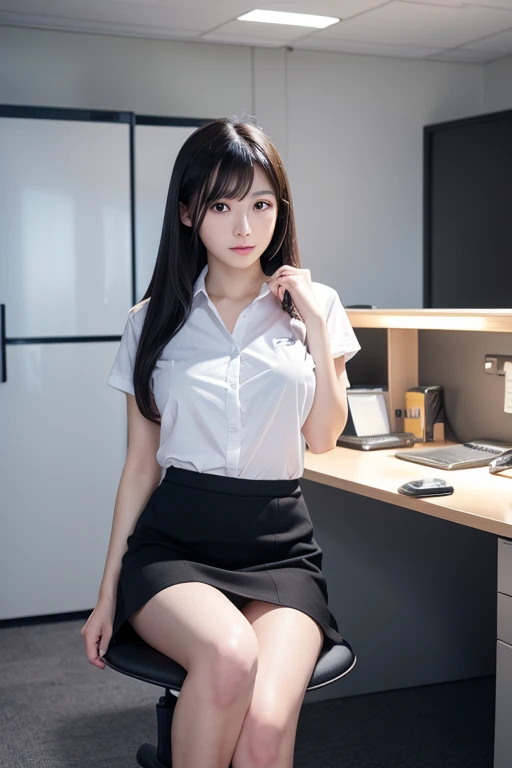 White shirt and black mini skirt,masterpiece,Best Quality,High resolution,Alone,Long black hair,Very young Japanese woman、Very beautiful skin,Office break room, The room is very cool、Beautiful lighting Highly detailed 8K photos,Not too big、Not too small br...