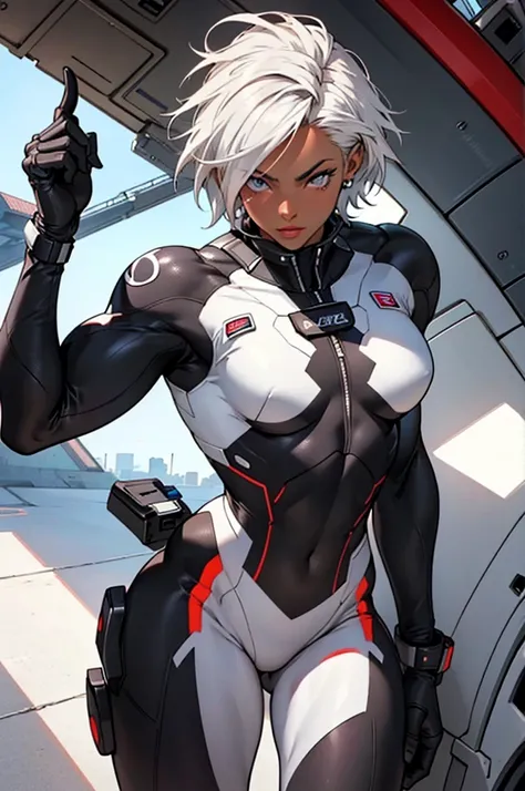 Muscular) girl, 20 years old, short white hair, pinks eyes, (tanned), dark skin, (detailed eyes), (detailed lips), black and white bodysuit, cropped jacket, pilot suit, (slender), (small breasts), slim, sci fi, solo (best quality) hangar, anatomically corr...