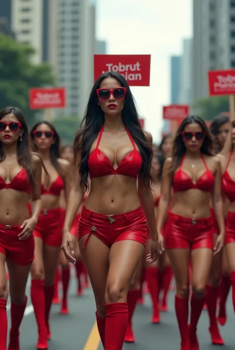 hundreds of beautiful big breasted Indonesian women, wearing a red crop top, not wearing pants, walking in the city crowd, you can see many tall buildings, wear oversized sunglasses, wearing red high heels carrying a sign with writing " TOBRUT MANIA " THEY...