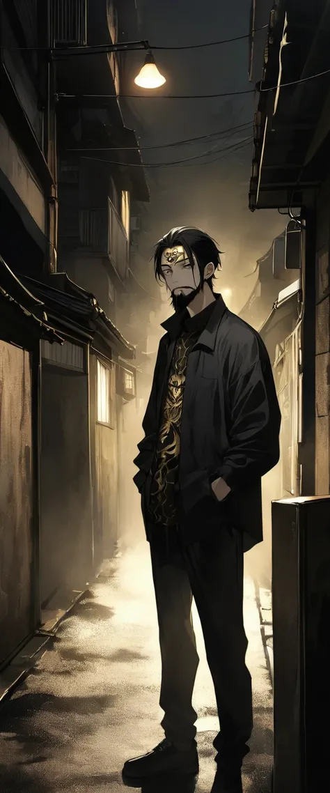 Anime Style。A black silk shirt embroidered with gold patterns。Alley in the fog。Skinny young man standing with his hands in his pockets。Droopy eyes。Thin face。Nihilistic smile。Black beard and beard。Long black hair。forehead,。Ethnic gold tattoo on forehead。Gol...