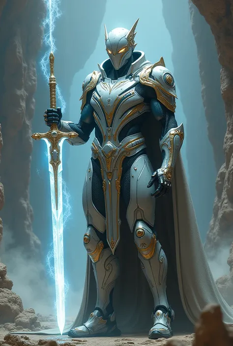 A warrior with a cyber armour holding a sword that is look majestic