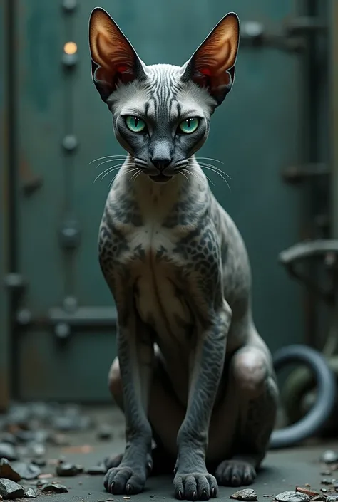 1 cat , Sphinx, big , grey, in metal gear, in tattoos, heterochromia, Strictness , Sun,Realistic anatomy, Best quality, in detail, High detail, quality, Very detailed, high quality, 