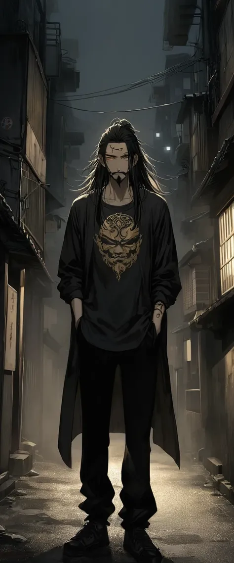 Anime Style。A black silk shirt embroidered with gold patterns。Alley in the fog。Skinny young man standing with his hands in his pockets。Droopy eyes。Thin face。Nihilistic smile。Black beard and beard。White long hair。forehead,。Ethnic gold tattoo on forehead。Gol...