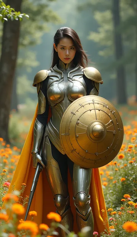 A korean wonderwoman in iron clothes carrying a golden shield, perform in a beautiful forest full of flowers, top view camera