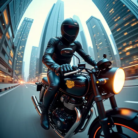 Ray Tracing, Short Hair, Black helmet , wearing a black bike suit, riding Royal Enfield bike,fish eye pov , morden city with long skyscrapers, futuristic , vibrant colours 
Award Winning,360 View, 