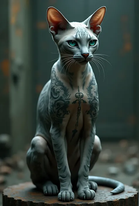 1 cat , Sphinx, big , grey, in metal gear, in tattoos, heterochromia, Strictness , Sun,Realistic anatomy, Best quality, in detail, High detail, quality, Very detailed, high quality, 