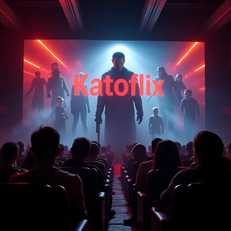 A cinema with several people, on the screen the name of the cinema "KatoFlix" na cor vermelha, below in slightly smaller letters the name "Narrastar", and several action and horror movie characters coming out of the movie screen
