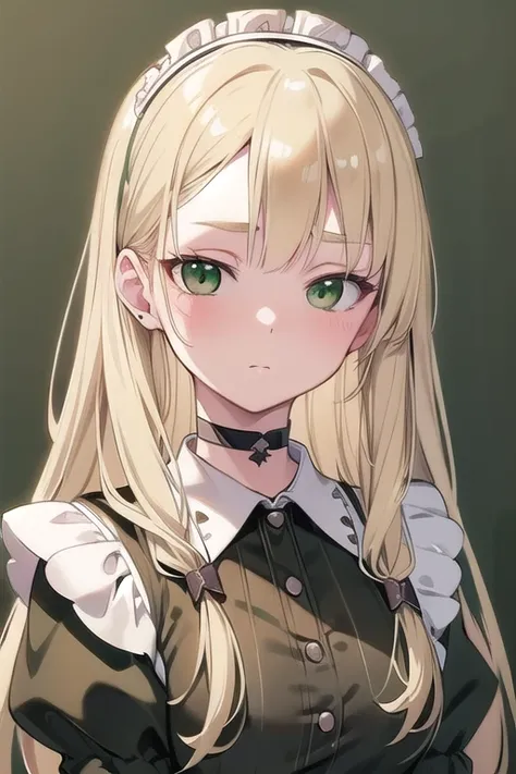 Blonde hair, Choker, (Green eyes:1.5), Long hair, maid, Blush, Cheek sticker, Rest (Masterpiece:1.2), Top quality, High resolution, Unity 8k wallpaper, (Figure:0.8), (Detail beauty:1.6), Detailed face, Perfect lighting, detailed CG, (perfect anatomy)
