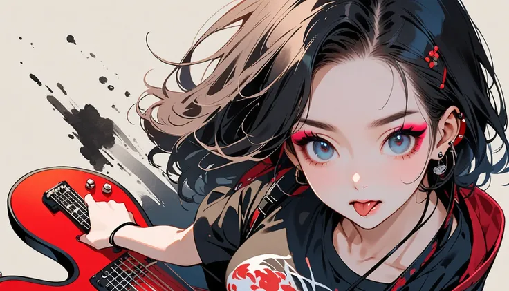 (((Ink Painting))), (((from above))), (((1 female))), (((Japanese pattern t-shirt))), (((punk))), (((Very flashy makeup))), (((Holding an electric guitar))), Necklace with studs, Japanese style headphones, face close-up, front view, Japan人の美少女, Black Hair,...