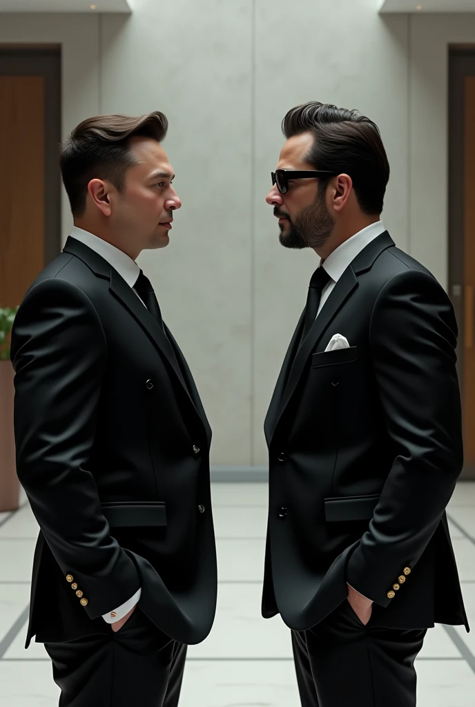 Elon Musk wearing a black suit talking to a unbearded athletic and strong Ben Affleck wearing black sunglasses and a black suit at a grey hotel hall 