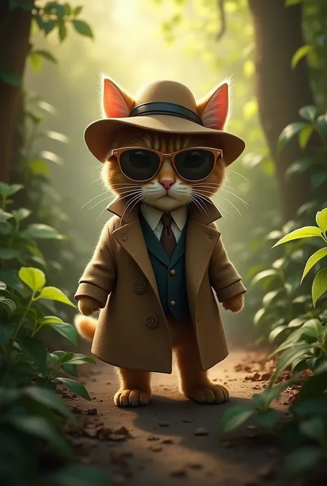 (photorealism:1.2), cute cat wearing coat and sunglass, looks like a detective, saw a body is lay in the jungle and the jungle is cozy little dark