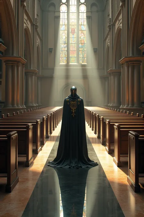 Create a faceless knight inside a Mormon church hall looking into an infinity mirror 