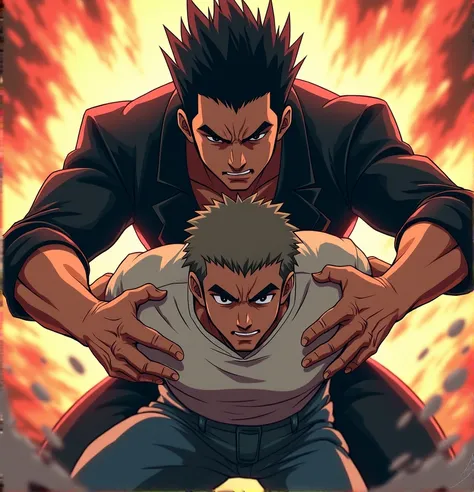 A handsome masculine man with black hair looks angry and protects a weak man with light brown hair behind​ him，Open your hands and try to block the man behind you，Japanese anime style