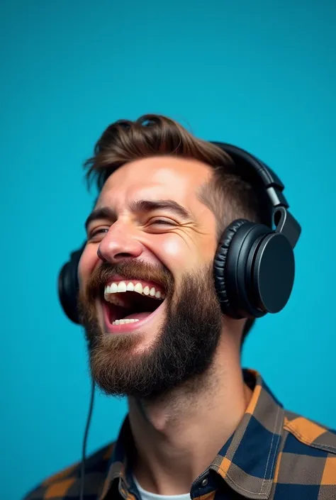 A man laughing with headsets and blue background and man is also beard and moustache 