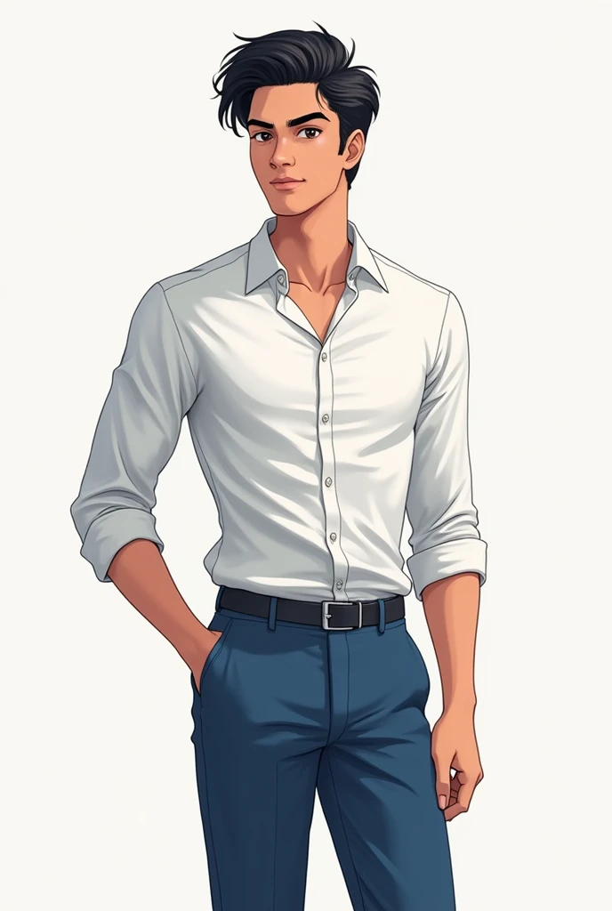 anime image cool handsome smart indian boy white shirt blue pants full Body