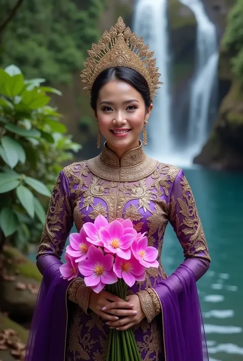 A photography of beautiful malay hijab woman is wearing purple and gold luxury dress clothes, crown on head and holding a lot orchid flower. The background is beautiful nature waterfall landscape 