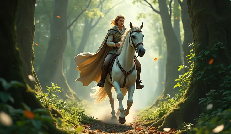 In 3D animation style:A handsome prince riding a white horse through a dense, mysterious forest