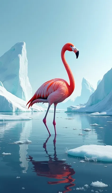 Create a realistic image of a flamingo standing in the arctic ocean