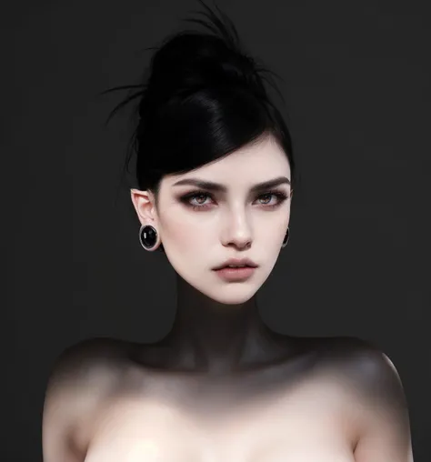 arafed woman with black hair and piercings posing for a picture, wlop glossy skin, sultry expression, black sullen eyes, pointed face and grey eyes, gothic face, white skin and reflective eyes, pale skin and dark eyes, androgynous vampire, second life avat...