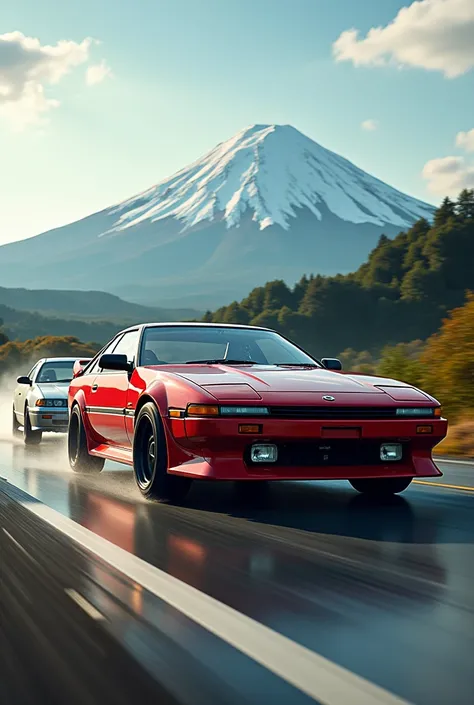 Toyota ae86 and toyota supra with fuji volcano in the background.