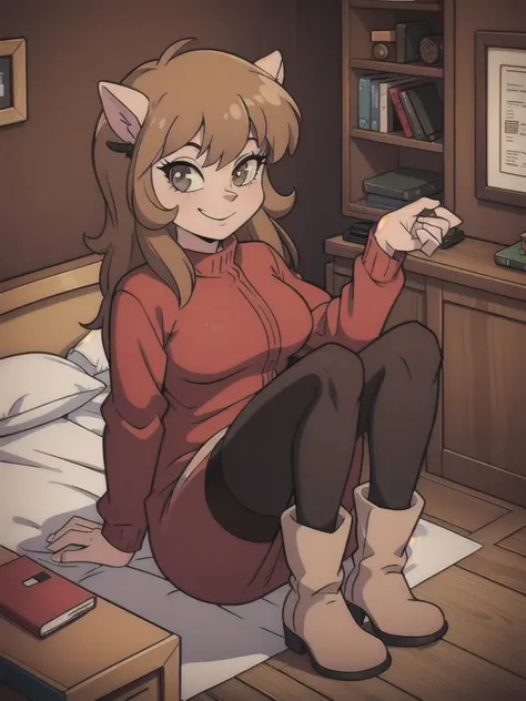 a furry sexy anthro girl, beautiful detailed eyes, smilin brown hair, red sweater, skirt, tights, boots,  cozy room