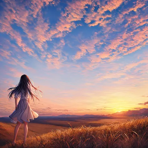 (((​masterpiece))), (((top-quality))), (((The ultra -The high-definition))), (((high resolution))), (((8K))), (((transcendent technique illustration))), 1girl, (autumnal sunset:1.2), evening glow, grass field, from behind, (panorama:1.2), (look up sky:1.2)...