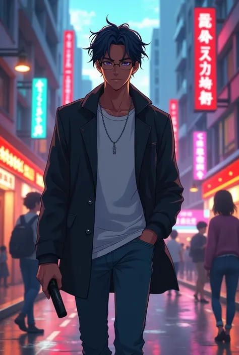 Anime style images cool handsome chocolate boy walking in the street