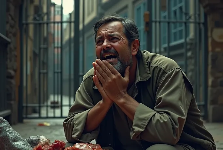 An selling man , crying with hand, sitting in outdoor gate,