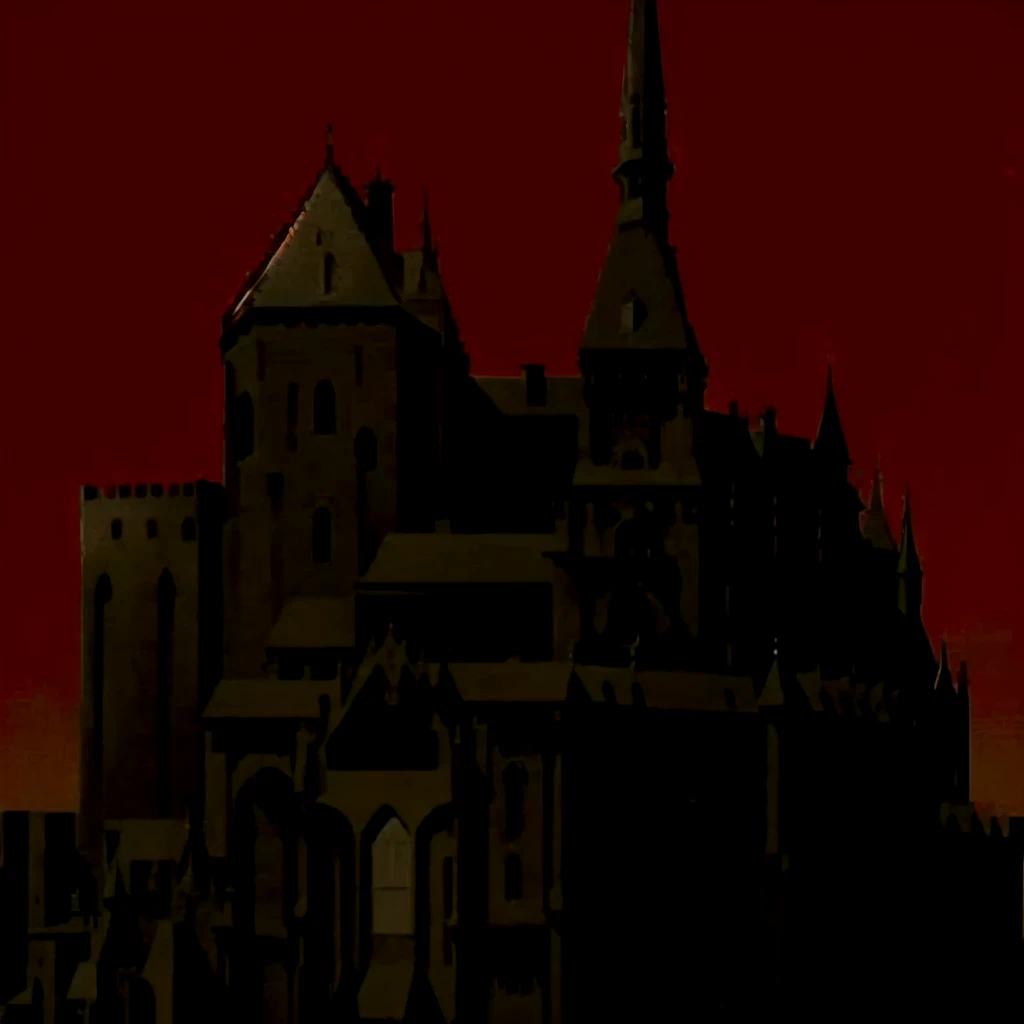 arafed image of a castle with a clock tower and a red sky, shadowy castle background, haunted gothic hotel, gothic castle, dark castle background, gothic castle in background, gothic church background, castle background, castlevania inspired, gothic castle...