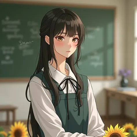 Heavy bangs、summer、Sunflower field、White dress、Long Hair、Beautiful Hair、Shy expression、Height: 150cm、There is a lot of white space, smile, Close your mouth, Frowning, The whole face becomes red, Double teeth, One girl, chest, Black Hair, 